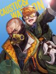  1boy 1girl ^_^ apex_legends bald black_eyes black_gloves black_jacket cable caustic_(apex_legends) character_name clenched_hand closed_eyes commission field_research_caustic fly-by-wire_wattson gas_mask gloves green_jacket green_vest head_tilt headset highres jacket lava_(darkxingblack) lens_flare looking_at_viewer mask official_alternate_costume open_mouth scar scar_on_head selfie shirt smile sun vest wattson_(apex_legends) white_shirt 