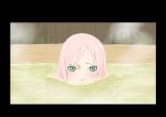  1girl black_border border commentary ebata_kyouhei fence green_eyes haruno_sakura highres naruto_(series) naruto_shippuuden onsen partially_submerged pink_hair solo steam wet 