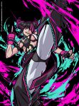  1girl absurdres apoloniodraws black_hair bracelet breasts fingerless_gloves gloves han_juri highres ink jewelry leg_up looking_at_viewer martial_arts_belt middle_finger multicolored_hair muscular muscular_female pink_eyes ponytail short_hair spiked_bracelet spikes streaked_hair street_fighter street_fighter_6 zipper 