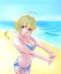  &gt;:) 1girl ahoge amano_soraha arched_back assault_lily bare_arms bare_shoulders beach bikini blonde_hair blue_bikini blue_eyes blue_sky blush breasts cleavage closed_mouth commentary_request cowboy_shot day from_side hair_between_eyes hands_up horizon interlocked_fingers long_hair looking_at_viewer looking_to_the_side low_ponytail medium_breasts navel nenshuu5man ocean outdoors outstretched_arms own_hands_together ponytail side-tie_bikini_bottom sky smile solo standing stomach string_bikini swimsuit v-shaped_eyebrows 