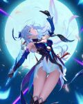  1girl absurdres bare_shoulders black_gloves blue_hair blue_sleeves detached_sleeves expressionless gloves highres honkai:_star_rail honkai_(series) icicle jingliu_(honkai:_star_rail) kuri_kuriku light_blue_hair long_hair lying moon night night_sky ponytail red_eyes sky water white_hair 