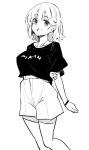  1girl :d arm_behind_back arm_grab collarbone commentary feet_out_of_frame greyscale hair_ornament hairclip highres kekemotsu looking_at_viewer monochrome original short_shorts short_sleeves shorts simple_background smile solo white_background 