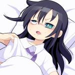  1girl 1other bags_under_eyes bed black_hair blanket blue_eyes clothes_pull collared_shirt dashed_eyes hair_between_eyes hospital_king kuroki_tomoko long_hair medium_bangs messy_hair necktie open_mouth pillow purple_necktie ringed_eyes shirt shirt_pull solo_focus sweat translation_request uneven_eyes upper_body watashi_ga_motenai_no_wa_dou_kangaetemo_omaera_ga_warui! wavy_eyes white_shirt 