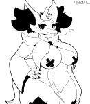  5_fingers anthro areola artist_name big_breasts black_and_white black_nose blush blush_lines breasts cheek_tuft crown delphox diane_fireheart eyebrows eyelashes facial_tuft fingers fluffy generation_6_pokemon hand_on_hip headgear heart_reaction hi_res inner_ear_fluff jewelry looking_at_viewer monochrome necklace nintendo nipple_tape pasties pixcello pokemon pokemon_(species) portrait ring_(jewelry) simple_background snout solo tape thick_thighs three-quarter_portrait three-quarter_view tuft white_background 