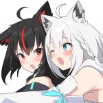  2girls ;d ahoge animal_ear_fluff animal_ears bare_shoulders black_hair blue_eyes blush braid detached_sleeves dual_persona earrings fang fox_ears fox_girl gomrang grey_hair hair_between_eyes hololive hug hug_from_behind jewelry kurokami_fubuki long_hair looking_at_another multicolored_hair multiple_girls one_eye_closed red_eyes red_hair shirakami_fubuki side_braid sidelocks single_braid smile streaked_hair transparent_background upper_body virtual_youtuber 