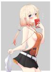  1girl bare_shoulders belt black_skirt blue_eyes blush cellphone cevio gradient_hair highres holding holding_phone multicolored_hair no_bra one_(cevio) phone simple_background skirt smartphone solo sweat zooanime 