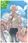  1boy arms_at_sides belt blue_sky boku_no_hero_academia brown_belt buttons closed_eyes cloud collared_shirt facing_viewer happy holding holding_removed_eyewear loud_cloud male_focus necktie open_mouth out_of_frame outdoors pov red_necktie shirt short_hair short_sleeves sky solo ton_(ton19130318) tree unworn_eyewear white_hair 