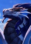  2023 black_body black_scales blue_eyes day detailed_background digital_media_(artwork) dragon hi_res morsylvia outside scales sky teeth 