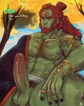  1boy abs absurdres alternate_body_hair armlet autumn_leaves bakku_(bakkunsfw) bara bare_pectorals beard black_nails chest_hair colored_skin english_text erection facial_hair feet_out_of_frame ganondorf gold green_skin hadanugi_dousa highres huge_eyebrows large_pectorals large_penis long_hair looking_at_viewer male_focus male_pubic_hair mature_male midriff_sarashi muscular muscular_male navel navel_hair nipples official_alternate_costume orange_hair pectorals penis pubic_hair sarashi solo spread_legs stomach tattoo testicles the_legend_of_zelda the_legend_of_zelda:_tears_of_the_kingdom thick_eyebrows thick_thighs thighs veins veiny_penis 