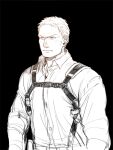  1boy buttons chest_belt collared_shirt frown greyscale looking_to_the_side male_focus monochrome pectorals prema-ja reiner_braun shingeki_no_kyojin shirt short_hair sketch solo standing three-dimensional_maneuver_gear upper_body 