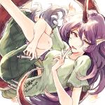  1girl blood blood_on_face blood_on_hands clothes_writing green_shirt green_shorts highres hisona_(suaritesumi) holding holding_syringe horns long_hair pointy_ears purple_hair red_eyes red_horns shirt short_sleeves shorts single_horn solo syringe tail tenkajin_chiyari tongue tongue_out touhou 