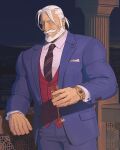  1boy alcohol bara beard blue_eyes business_suit champagne champagne_flute closed_eyes cuff_links cup drinking_glass facial_hair formal handkerchief highres holding jp_(street_fighter) large_pectorals leaning_to_the_side long_hair male_focus mature_male muscular muscular_male mustache necktie night night_sky pectorals ponytail red_vest sa1k0p shirt sky smile solo street_fighter street_fighter_6 suit terrace thick_eyebrows thick_mustache veins vest watch white_hair white_shirt wristwatch 