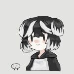  1girl all-around_helper animal_ears black_eyes black_hair closed_mouth commentary_request dog_ears dog_girl harvest_fes hood hoodie jang_schna lobotomy_corporation multicolored_hair no_nose pale_skin project_moon short_hair simple_background smile white_background white_hair white_hoodie |_| 