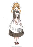  1girl alternate_costume apron blonde_hair breasts brown_dress brown_footwear closed_mouth commentary_request dress enmaided full_body girls&#039;_frontline korean_commentary long_dress long_hair maid maid_apron mary_janes medium_breasts own_hands_together patch shoes short_sleeves short_socks simple_background socks solo standing sten_mkii_(girls&#039;_frontline) third-party_source twintails victorian_maid web_address weibo_username white_apron white_background white_socks yellow_eyes zhenming 