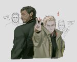  2boys black_hair black_shirt blonde_hair brown_jacket chris_redfield closed_mouth coffeebrownn english_text ethan_winters facial_hair jacket male_focus multiple_boys open_clothes open_jacket resident_evil resident_evil_village shirt short_hair simple_background smile upper_body v 
