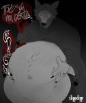  after_vore anthro belly belly_grab big_belly black_background black_nose canid canine canis death_(puss_in_boots) dialogue english_text fur glowing glowing_eyes grey_body grey_fur hand_on_stomach hands_on_belly holding_stomach male mammal navel onomatopoeia open_mouth overweight overweight_anthro overweight_male portrait red_eyes rumbling_stomach signature simple_background slippdipp sloshing_belly solo sound_effects speech_bubble standing teeth text three-quarter_portrait vore vowelless vowelless_sound_effect wolf 