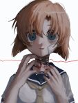  1girl @_@ arms_up asymmetrical_bangs asymmetrical_hair bags_under_eyes bandage_on_face bandages bandaid bandaid_on_neck blood blood_on_hands blue_eyes blue_sailor_collar crazy crazy_eyes crying crying_with_eyes_open dilated_pupils dot_nose facing_viewer hair_between_eyes highres higurashi_no_naku_koro_ni japanese_clothes light_smile looking_at_viewer medium_hair messy_hair muted_color neckerchief nemui_(nr4jk) open_mouth orange_hair parted_bangs raised_eyebrows ryuuguu_rena sailor_collar school_uniform scratching scratching_neck self_harm serafuku shirt simple_background solo straight-on string string_of_fate tareme tears triangle_mouth upper_body white_background white_shirt wide-eyed yellow_neckerchief 