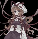  1girl black_background blonde_hair dress hair_between_eyes hat hat_ribbon highres long_hair mob_cap open_mouth purple_dress purple_eyes red_ribbon ribbon shindiyue short_sleeves simple_background smile solo touhou white_headwear yakumo_yukari 