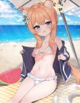  1girl 2drr animal_ear_fluff animal_ears bare_shoulders beach bikini bikini_under_clothes black_jacket blue_archive blue_eyes blue_sky breasts brown_hair cloud cloudy_sky collarbone commentary_request day food frilled_bikini frills fruit groin halo horizon innertube jacket long_hair long_sleeves looking_at_viewer low_ponytail mari_(blue_archive) navel ocean open_clothes open_jacket outdoors parted_lips ponytail sand sidelocks sitting sky small_breasts solo starfish swimsuit very_long_hair water watermelon watermelon_slice wavy_mouth white_bikini 