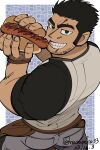  1boy apron ass bara barista beard_stubble black_hair eating food food_on_face foreshortening from_above grin highres holding holding_food huge_eyebrows ketchup long_sideburns looking_at_viewer lucas_lee male_focus masapeko messy muscular muscular_male official_alternate_costume pants raised_eyebrows sausage scott_pilgrim_takes_off shirt short_hair short_sleeves sideburns smile solo t-shirt tight_clothes tight_shirt waist_apron 