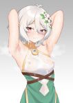  1girl armpits arms_up blush closed_mouth covered_nipples cum cum_on_armpits cum_on_body cum_on_clothes cum_on_hair dress facial flower furrowed_brow grey_background hair_flower hair_ornament highres kokkoro_(princess_connect!) looking_at_viewer m_kong paid_reward_available princess_connect! red_eyes see-through short_hair simple_background sleeveless sleeveless_dress smile solo sweat sweaty_clothes upper_body white_hair 