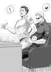  ! 2boys albert_wesker bara belt blush chris_redfield collared_shirt greyscale heart holding holding_pen looking_at_another male_focus monochrome multiple_boys muscular muscular_male open_mouth pants pen resident_evil resident_evil_1 shirt short_hair sitting sitting_on_person sleeves_rolled_up sunglasses yaoi you_mama_n 