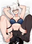  1girl :d ahoge animal_ear_fluff animal_ears arms_up bare_arms barefoot bed_sheet black_shorts blue_bra blue_eyes blush bra braid breasts cameltoe ear_piercing fox_ears fox_tail glasses highres hololive large_breasts looking_at_viewer lying nail_polish navel no_shoes on_back on_bed piercing pillow shirakami_fubuki short_shorts shorts single_braid single_thighhigh smile solo tail thighhighs toenail_polish toenails underwear varniskarnis virtual_youtuber white_hair 