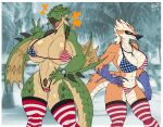  american_flag_bikini anthro areola areola_slip big_breasts bird_wyvern breast_size_difference breasts capcom chorsinnell39 cleavage clothed clothing duo fangs female flying_wyvern front_view gesture great_izuchi green_body green_scales hi_res huge_breasts jewelry legwear monster_hunter necklace non-mammal_breasts open_mouth orange_body outside pattern_clothing pattern_legwear pattern_stockings rath_wyvern rathian reptile scales scalie small_waist standing stockings striped_clothing striped_legwear striped_stockings stripes teeth v_sign 