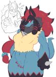  anthro biceps big_breasts black_body black_fur black_highlights blue_body blue_fur breasts chest_tuft digital_media_(artwork) fakemon fan_character featureless_crotch female fingers fur fusion generation_4_pokemon generation_5_pokemon hair hanaarts hi_res highlights_(coloring) hybrid long_hair looking_at_viewer looking_back lucario mammal muscular muscular_anthro muscular_female narrowed_eyes navel nintendo nude pokemon pokemon_(species) pokemon_fusion ponytail red_eyes red_hair simple_background snaggle_tooth solo spikes spikes_(anatomy) standing tail thick_thighs tongue tongue_out tuft yellow_body yellow_fur zoroark 