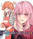  2girls ? ?? absurdres amlichan apron black_choker choker cooking cooking_pot english_text highres hololive hololive_english mori_calliope multiple_girls orange_hair pink_eyes pink_hair shirt snapchat spoken_object striped striped_shirt takanashi_kiara 