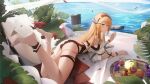 1girl anklet apple arknights ball bare_legs beachball bead_anklet blonde_hair blue_eyes cherry cup day dragon_girl dragon_horns drinking_glass food fruit grapes highres horns jewelry leaf ling_dianxia log long_hair looking_at_viewer orange_(fruit) outdoors saileach_(arknights) saileach_(summer_flowers)_(arknights) solo thighs very_long_hair water wine_glass 