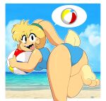  3_toes absurd_res anthro ball barefoot beach beach_ball bent_over black_eyes blonde_hair blue_clothing blue_one-piece_swimsuit blue_swimwear blush blush_stickers breasts buckteeth butt clothed clothing cloud countershade_feet countershading day eyebrow_through_hair eyebrows eyelashes feet female foot_tuft fur hair hi_res hindpaw holding_ball holding_beach_ball holding_object inflatable kabula_(artist) lagomorph leporid looking_at_viewer looking_back looking_back_at_viewer mammal one-piece_swimsuit open_mouth open_smile paws photo_background photography_(artwork) pictographics pink_nose plantigrade rabbit raised_calf raised_foot rear_view sand scut_tail sea seaside short_tail sky smile smiling_at_viewer soles solo speech_bubble swimwear tail tan_body tan_fur teeth toes tongue translucent translucent_hair tuft water wide_eyed 