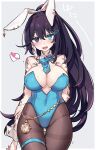  1girl animal_ears aqua_eyes arm_tattoo ass_visible_through_thighs black_hair blue_bow blue_bowtie blue_leotard blush bow bowtie breasts brown_pantyhose club_(shape) cowboy_shot diamond_(shape) ear_piercing fake_animal_ears genderswap genderswap_(mtf) heart heterochromia high_ponytail highleg highleg_leotard highres hong_lu_(limbus_company) large_breasts leotard limbus_company long_hair looking_at_viewer open_mouth pantyhose piercing playboy_bunny playing_card_earrings project_moon rabbit_ears rabbit_tail shiki_(shikki46) simple_background smile solo spade_(shape) sparkle sweat tail tattoo thigh_strap thighband_pantyhose very_long_hair 