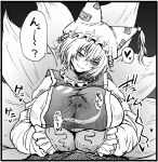  1boy 1girl breasts closed_mouth commentary_request fox_tail greyscale hat heart henriiku_(ahemaru) huge_breasts kitsune long_sleeves looking_at_viewer mob_cap monochrome multiple_tails paizuri paizuri_under_clothes pov short_hair smile solo_focus speech_bubble spoken_heart tabard tail touhou upper_body yakumo_ran 