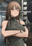  1girl absurdres alter_sang bare_shoulders black_armband black_leotard blurry blurry_background blush bodysuit bracelet breasts brown_eyes brown_hair character_name commentary commentary_typo covered_navel cowboy_shot crossed_arms english_commentary exercise_machine girls&#039;_frontline green_hair griffin_&amp;_kryuger gym highres jewelry leotard leotard_sweater long_hair looking_at_viewer m4a1_(girls&#039;_frontline) medium_breasts multicolored_hair name_tag no_jacket parted_lips solo streaked_hair turtleneck_leotard weights 