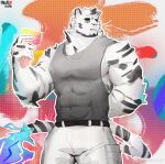 1boy abstract_background absurdres animal_ears arknights artist_request bara black_tank_top blue_eyes facial_hair feet_out_of_frame furry furry_male goatee highres large_hands large_pectorals male_focus mountain_(arknights) muscular muscular_male pants pectorals scar scar_across_eye scar_on_arm short_hair sidepec smile solo tail tank_top thick_eyebrows tiger_boy tiger_ears tiger_tail white_hair white_pants 