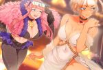  2girls alternate_costume black_gloves blonde_hair blue_eyes blush breasts cammy_white choker collarbone commentary covered_navel dress eyewear_on_head feather_boa feathers gloves koda1ra large_breasts leggings manon_(street_fighter) medal multiple_girls official_alternate_costume pink_feathers pink_hair scar scar_on_cheek scar_on_face short_hair short_hair_with_long_locks sidelocks street_fighter street_fighter_6 white_dress 