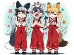  3girls :d absurdres animal_ear_fluff animal_ears appleq black_footwear black_hair blonde_hair blush_stickers brown_eyes chinchilla_(kemono_friends) chinchilla_ears chinchilla_girl chinchilla_tail chinese_zodiac closed_eyes commentary_request ezo_red_fox_(kemono_friends) fox_ears fox_girl fox_tail grey_hair grin hakama hakama_skirt highres hip_vent japanese_clothes kemono_friends kimono long_hair long_sleeves miko multicolored_hair multiple_girls new_year notice_lines one_eye_closed red_hakama ribbon-trimmed_kimono shadow silver_fox_(kemono_friends) skirt smile socks standing tabi tail tasuki two-tone_hair very_long_hair white_kimono white_socks year_of_the_rat zouri 