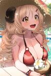  1girl absurdres bare_arms bare_shoulders bikini black_horns blue_archive blush breasts brown_eyes cleavage coconut_cup commentary day drinking_straw flower hat highres horns izumi_(blue_archive) izumi_(swimsuit)_(blue_archive) large_breasts light_brown_hair long_hair official_alternate_costume open_mouth outdoors pool red_bikini sei!cho smile solo straw_hat swimsuit upper_body wavy_hair white_flower 