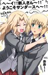  2girls :d ahoge alternate_costume artoria_pendragon_(fate) black_necktie blazer blonde_hair blue_eyes blue_ribbon blush closed_eyes commentary crossover dress_shirt facing_another fate_(series) girls_und_panzer grey_jacket hair_intakes hair_ribbon highres hug jacket kawasumi_ayako kay_(girls_und_panzer) long_sleeves looking_at_another loose_necktie medium_hair multiple_girls necktie omachi_(slabco) open_clothes open_jacket open_mouth pleated_skirt red_skirt ribbon saber saunders_school_uniform school_uniform shirt short_hair skirt sleeves_rolled_up smile sparkle standing translated untucked_shirt v_arms voice_actor_connection white_shirt wing_collar 
