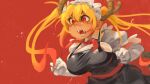  1girl apron ascot black_apron breasts clenched_hands dragon_girl dragon_horns fangs gloves highres horns khyle. kobayashi-san_chi_no_maidragon maid maid_apron maid_headdress orange_eyes puffy_sleeves red_ascot red_background see-through see-through_shirt sharp_teeth simple_background teeth tohru_(maidragon) white_gloves 