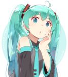  1girl :o ahoge bare_shoulders blue_eyes blue_hair blue_nails commentary detached_sleeves hatsune_miku long_hair looking_at_viewer nagian nail_polish necktie open_mouth shiny_skin simple_background upper_body vocaloid 