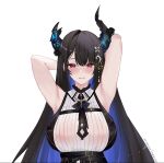  1girl absurdres amai-pai armpits arms_up asymmetrical_horns belt black_belt black_hair breasts colored_inner_hair crystal_horn demon_horns hair_ornament highres hololive hololive_english horn_flower horns large_breasts long_hair looking_at_viewer mole mole_under_eye multicolored_hair nerissa_ravencroft red_eyes shirt simple_background solo tassel tassel_hair_ornament two-tone_hair uneven_horns upper_body virtual_youtuber white_background white_shirt 