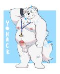  2023 anthro balls belly big_belly black_nose blush canid canine canis domestic_dog erection eyes_closed genitals hi_res kemono lifewonders live_a_hero male mammal moobs navel nipples overweight overweight_male penis simple_background solo white_body whitebeast20 yohack 