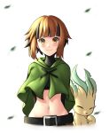  1girl belt black_belt black_hair blunt_bangs closed_mouth crop_top falling_leaves gardenia_(pokemon) leaf leafeon looking_at_viewer midriff multicolored_hair navel orange_eyes orange_hair pinguinkotak pokemon pokemon_(creature) pokemon_(game) pokemon_dppt poncho short_hair smile two-tone_hair white_background 