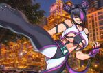  1girl akisu_k bare_shoulders belt black_hair blurry blurry_background bracelet breasts city evil_grin evil_smile fingerless_gloves gloves green_nails grin hair_over_one_eye han_juri high_kick jewelry kicking looking_at_viewer motion_blur multicolored_hair nail_polish navel night night_sky outdoors pink_eyes pink_gloves sky smile solo spiked_bracelet spikes stomach streaked_hair street_fighter teeth v-shaped_eyebrows 