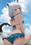  1boy 1girl ahoge animal_ear_fluff animal_ears anus arched_back arms_at_sides ass back bikini bikini_bottom_aside blue_bikini blue_bow blue_eyes blush bow bow_bikini braid breasts censored closed_mouth clothed_sex clothing_aside cloud cloudy_sky day ear_piercing fox_ears fox_tail frilled_bikini frills from_behind furrowed_brow girl_on_top hair_between_eyes halterneck hetero highres hololive huge_ass looking_at_viewer looking_back lunae_mon medium_breasts mosaic_censoring multiple_braids outdoors piercing sex shirakami_fubuki sitting sitting_on_person sky string_bikini swimsuit tail vaginal virtual_youtuber white_hair 