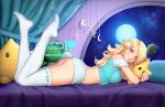  1girl artist_name ass blonde_hair blue_eyes breasts crop_top hair_ornament hairclip large_breasts long_hair looking_at_viewer lying mario_(series) mystra77 on_stomach rosalina solo thighhighs web_address white_thighhighs 