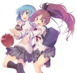  2girls apple bag black_socks blue_hair food fruit hair_ornament hairclip juliet_sleeves kneehighs loafers long_sleeves mahou_shoujo_madoka_magica miki_sayaka mitakihara_school_uniform multiple_girls open_mouth paper_bag pikachi puffy_sleeves reaching red_hair sakura_kyouko school_bag school_uniform shoes short_hair skirt socks 