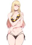  1girl bare_shoulders bikini black_bikini black_choker blonde_hair breasts choker clenched_teeth collarbone commentary_request floral_print highres kitagawa_marin large_breasts long_hair navel piercing print_bikini red_eyes solo sono_bisque_doll_wa_koi_wo_suru swimsuit teeth thighs zucchini 